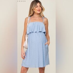 Maternity Light Blue Ruffle Overlay Shoulder Tie Dress